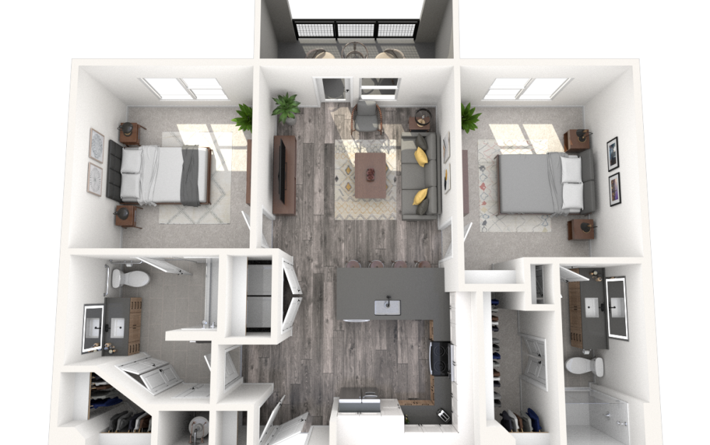 B1 ANSI - 2 bedroom floorplan layout with 2 bathrooms and 1028 square feet (3D) B1 ANSI - 2 bedroom floorplan layout with 2 bathrooms and 1028 square feet (3D)