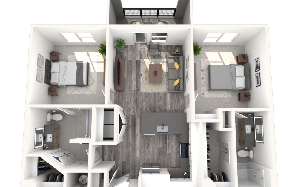 B1 - 2 bedroom floorplan layout with 2 bathrooms and 1028 square feet (3D) B1 - 2 bedroom floorplan layout with 2 bathrooms and 1028 square feet (3D)