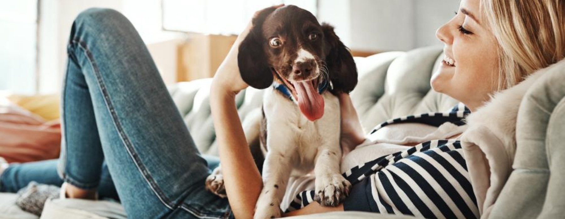 a woman lying on a couch with a dog